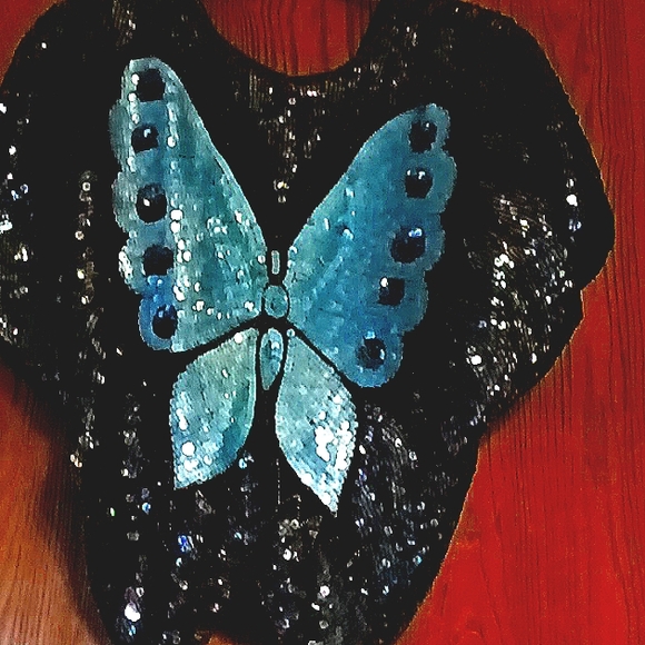 💙Vintage sequin beaded cocktail  butterfly blouse  top, 70's- 80's - Picture 2 of 5